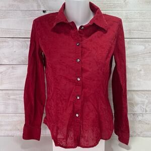 J.‎ JILL Crimson Red Velvet Textured Flocked Floral Button Up Blouse Top Size XS